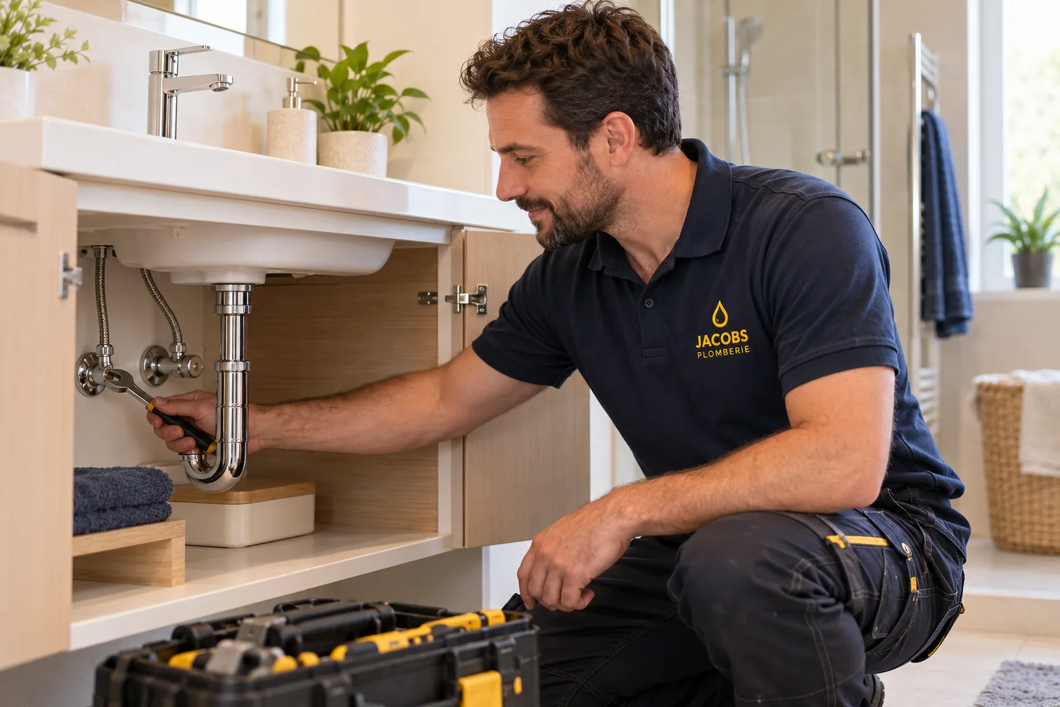 Illustration d’un artisan plombier en uniforme Plombier Jacobs près d’un lavabo